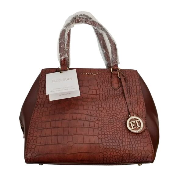 Ellen Tracy NWT The Camille Collection Croco Double Handle Satchel Brown - Picture 1 of 11